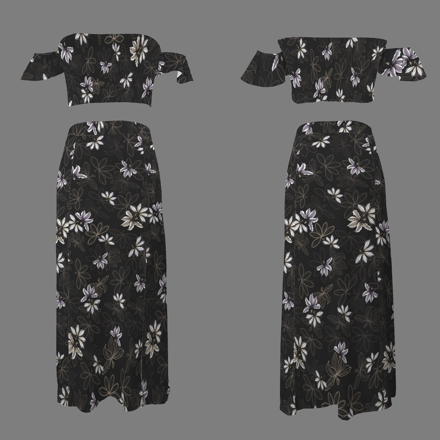 Malino Set in Naupaka (Off Shoulder Smocked Tube Top & High Waist Split Thigh Maxi Skirt) Black
