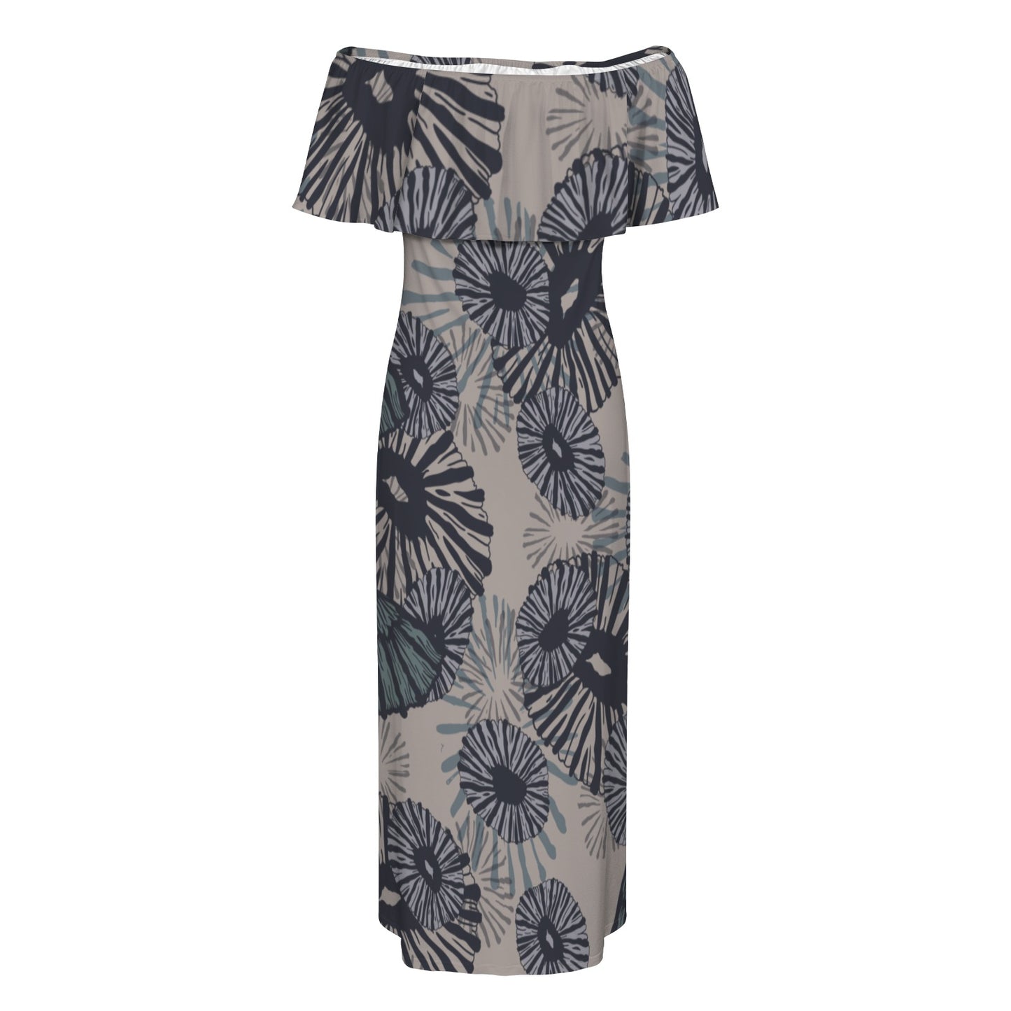 'Opihi Hawaiian Print - Off Shoulder Ruffle Maxi Dress - Slate Blue and Taupe