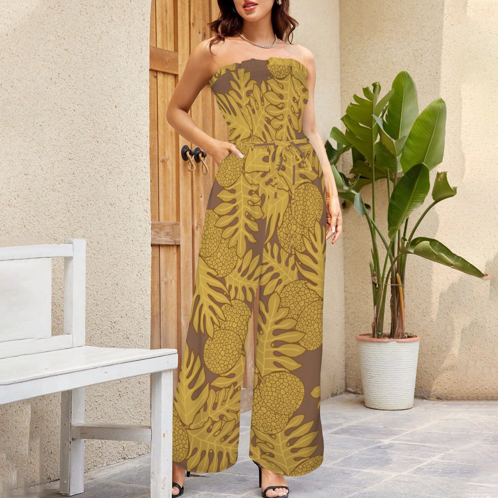 Mustard strapless jumpsuit online