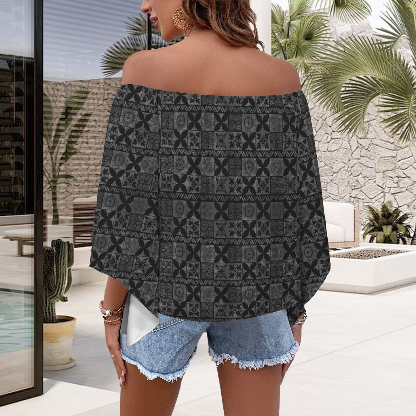 Kolonahe Kapa Print Off Shoulder Trumpet Sleeve Blouse - Gray and Black