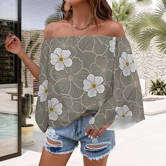 Pua Kala Hawaiian Poppy Flower Off Shoulder Trumpet Sleeve Blouse