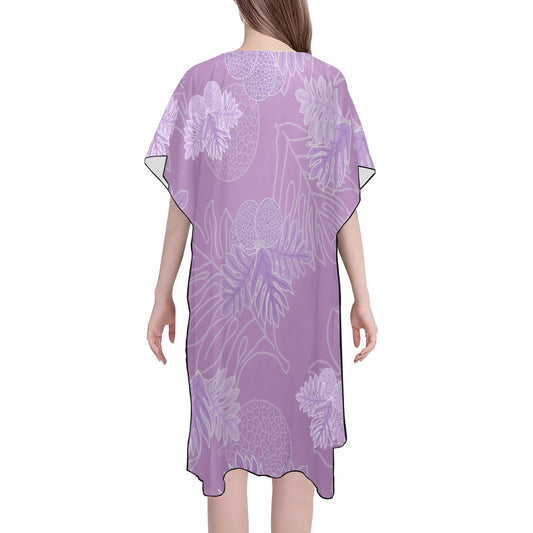 Ulu Breadfruit Hawaiian Print Mid Length Kimono Chiffon Coverup with Side Slits - Lavender