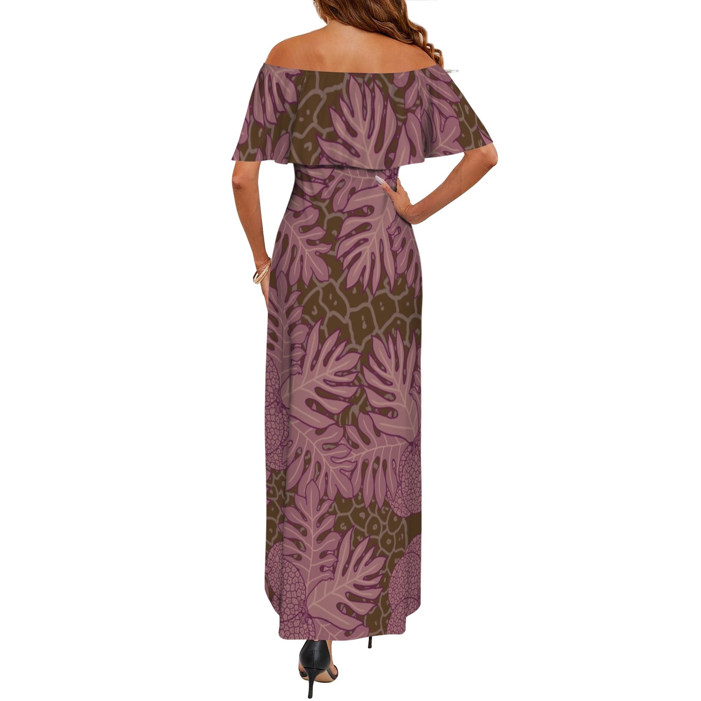 Ulu Breadfruit Off Shoulder Ruffle Maxi Dress - Pink Brown Red