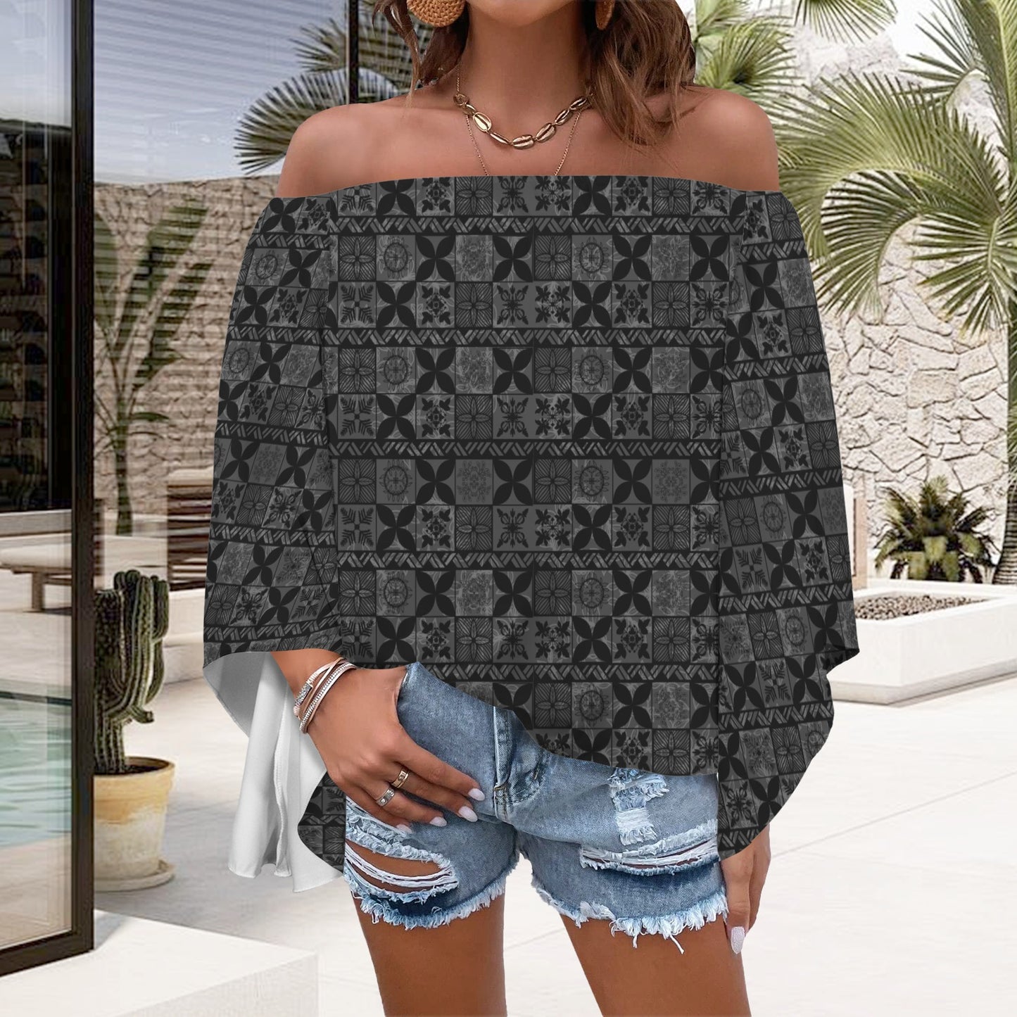 Kolonahe Kapa Print Off Shoulder Trumpet Sleeve Blouse - Gray and Black