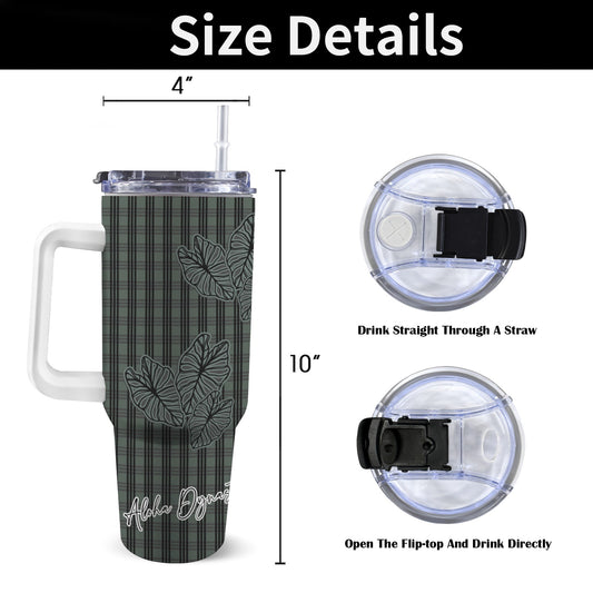 Kalo and Palaka Hawaiian Print 40 oz Tumbler with Handle - Teal Aloha Dynasty 40oz Tumbler with Handle