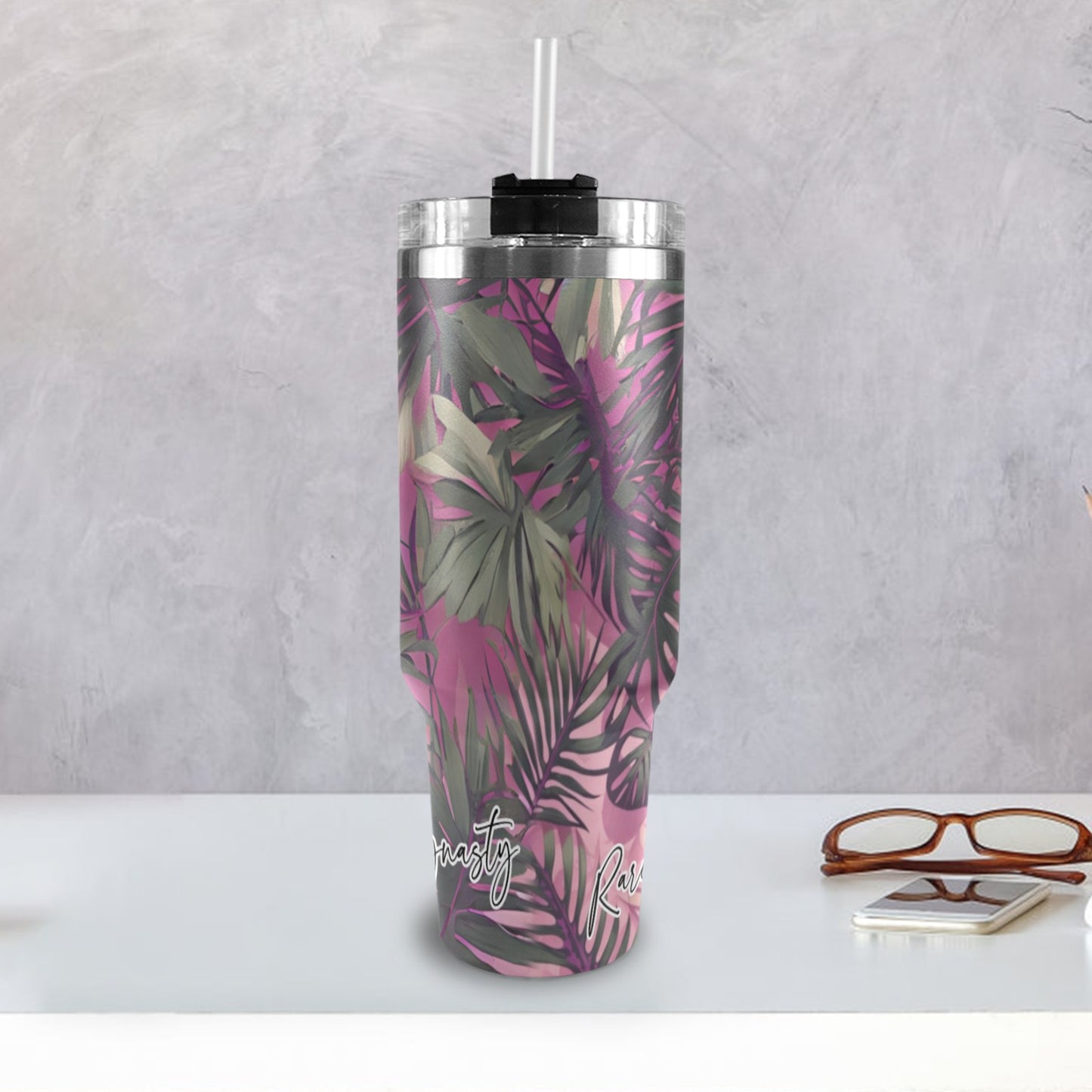 Hawaiian Tropical Print Pink Tones 40oz Tumbler - Black Handle