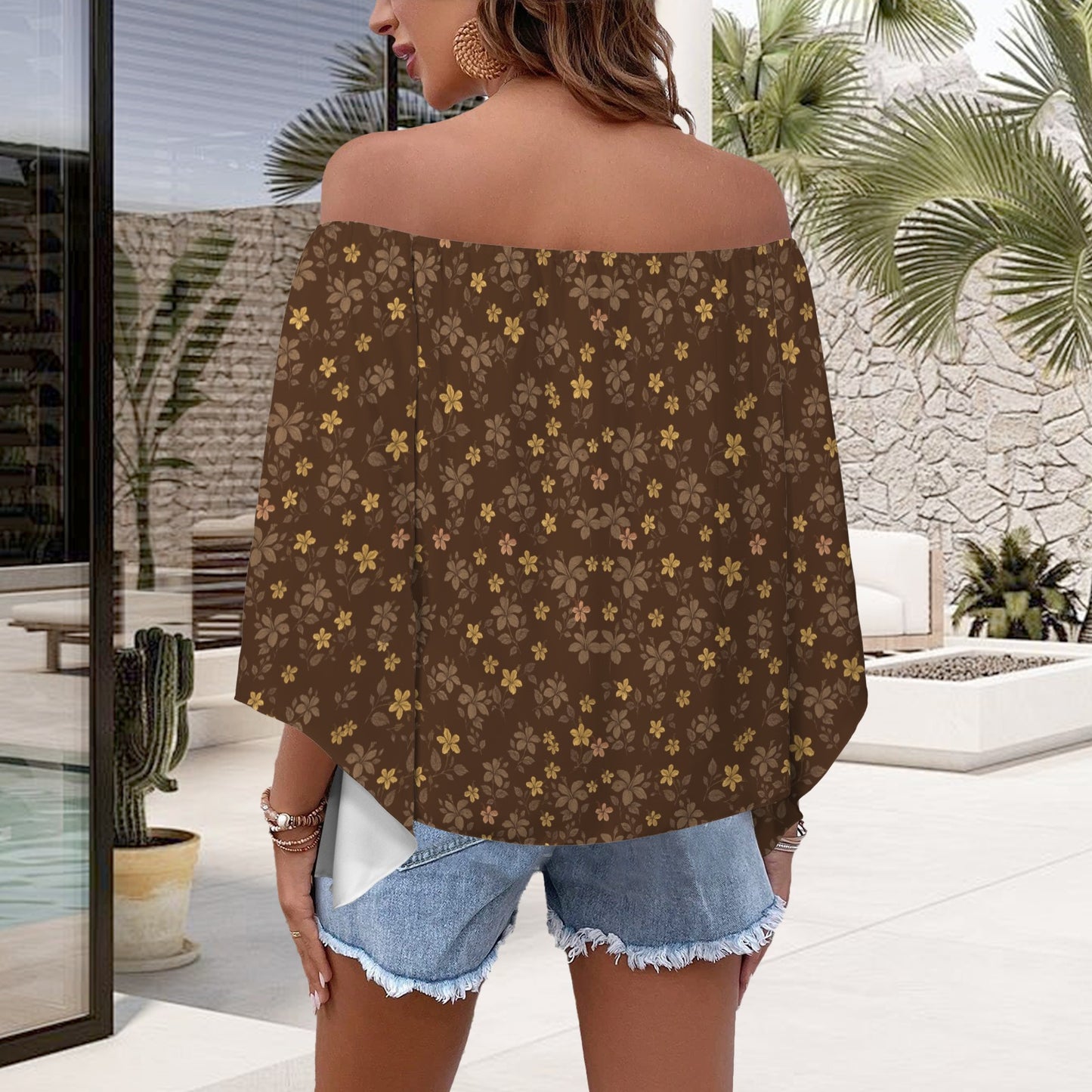 Kolonahe Koki'o Hibiscus Print Off Shoulder Trumpet Sleeve Blouse - Brown & Yellow