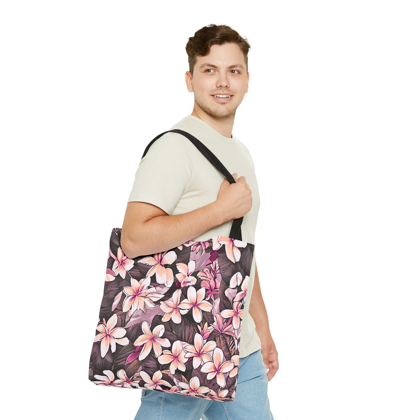 Plumeria Tropical Hawaiian Print Tote Bag in Mauve & Pink Tones