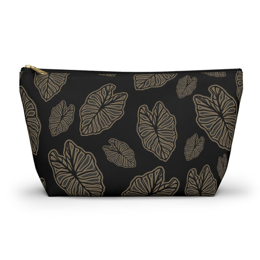 Kalo Taro Hawaiian Print - Accessory Pouch w T-bottom Black and Brown