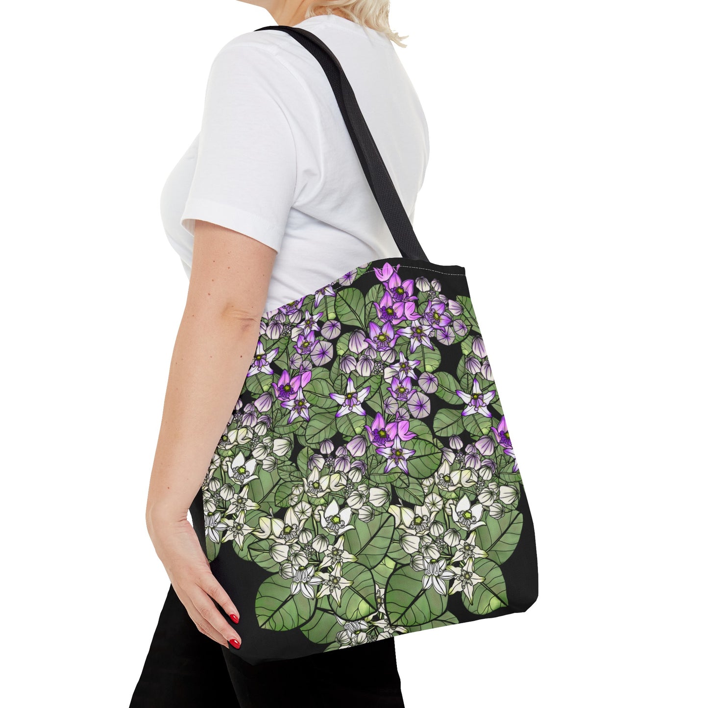 Pua Kalaunu Crown Flower Hawaiian Print Tote Bag (purple and white flowers)