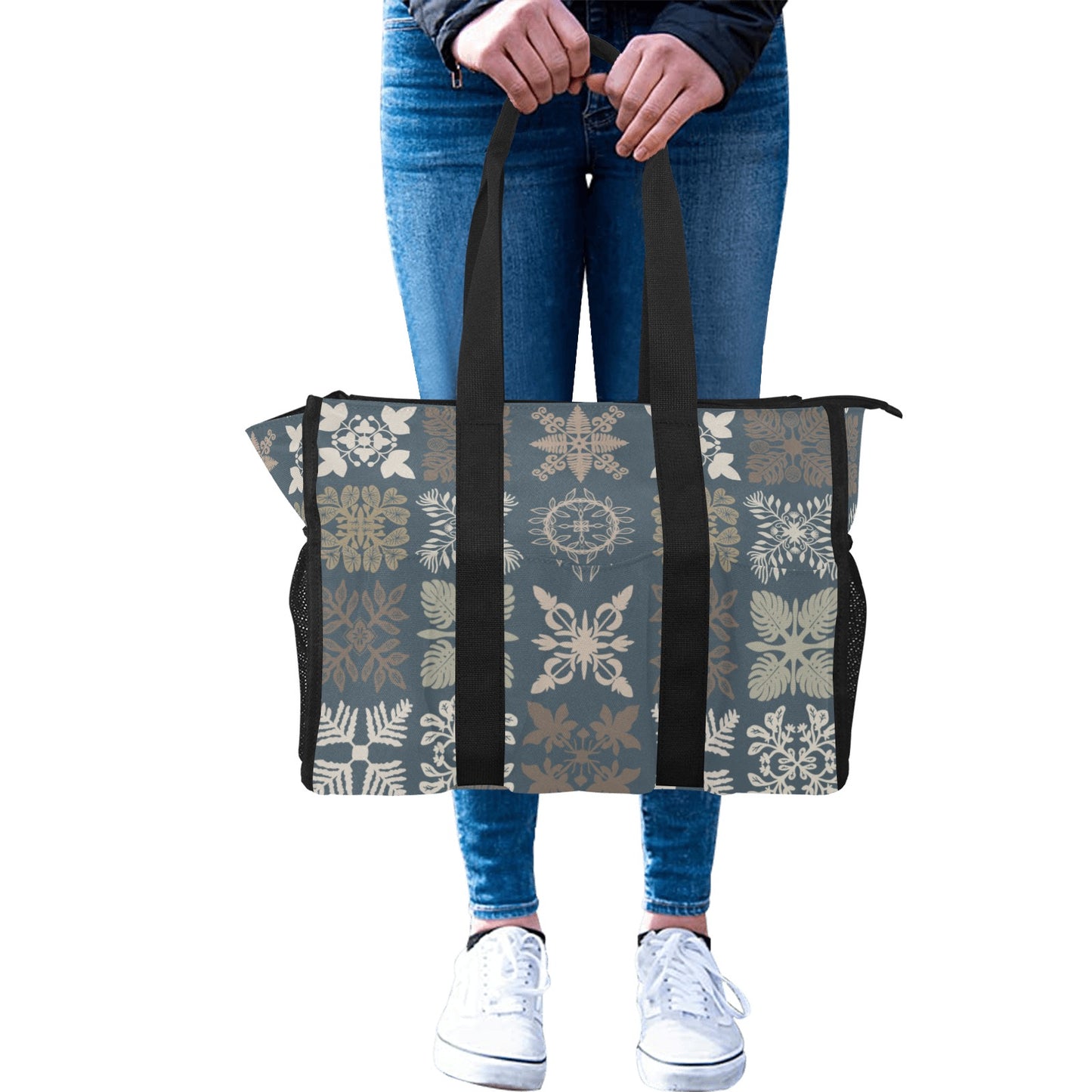 Kapa Kuiki Hawaiian Quilt Design Print Blue and Khaki - Nurse/Teacher/Mommy Tote Bag