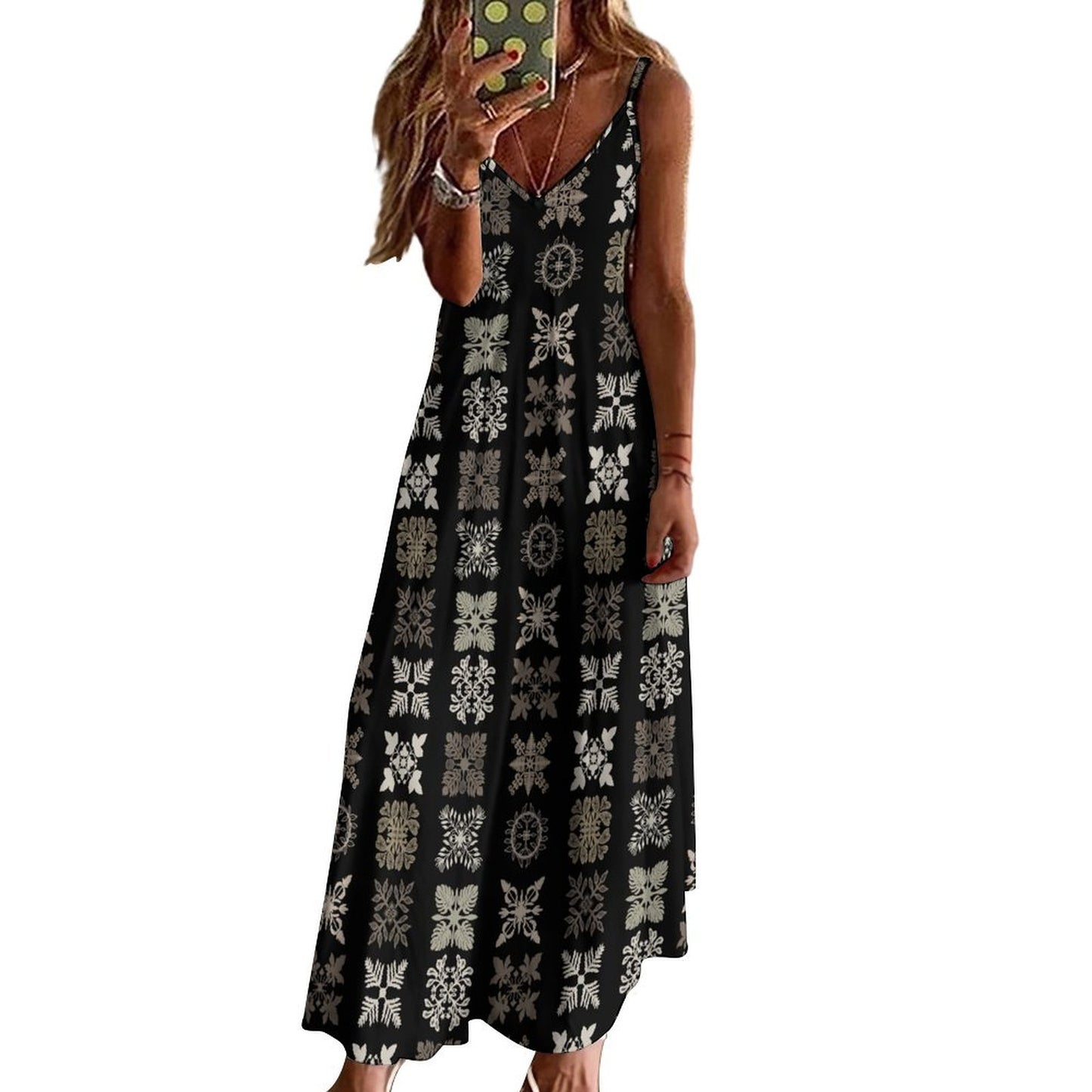 Hōʻolu Maxi Dress in Kapa Kuiki Hawaiian Print - Black and Beige