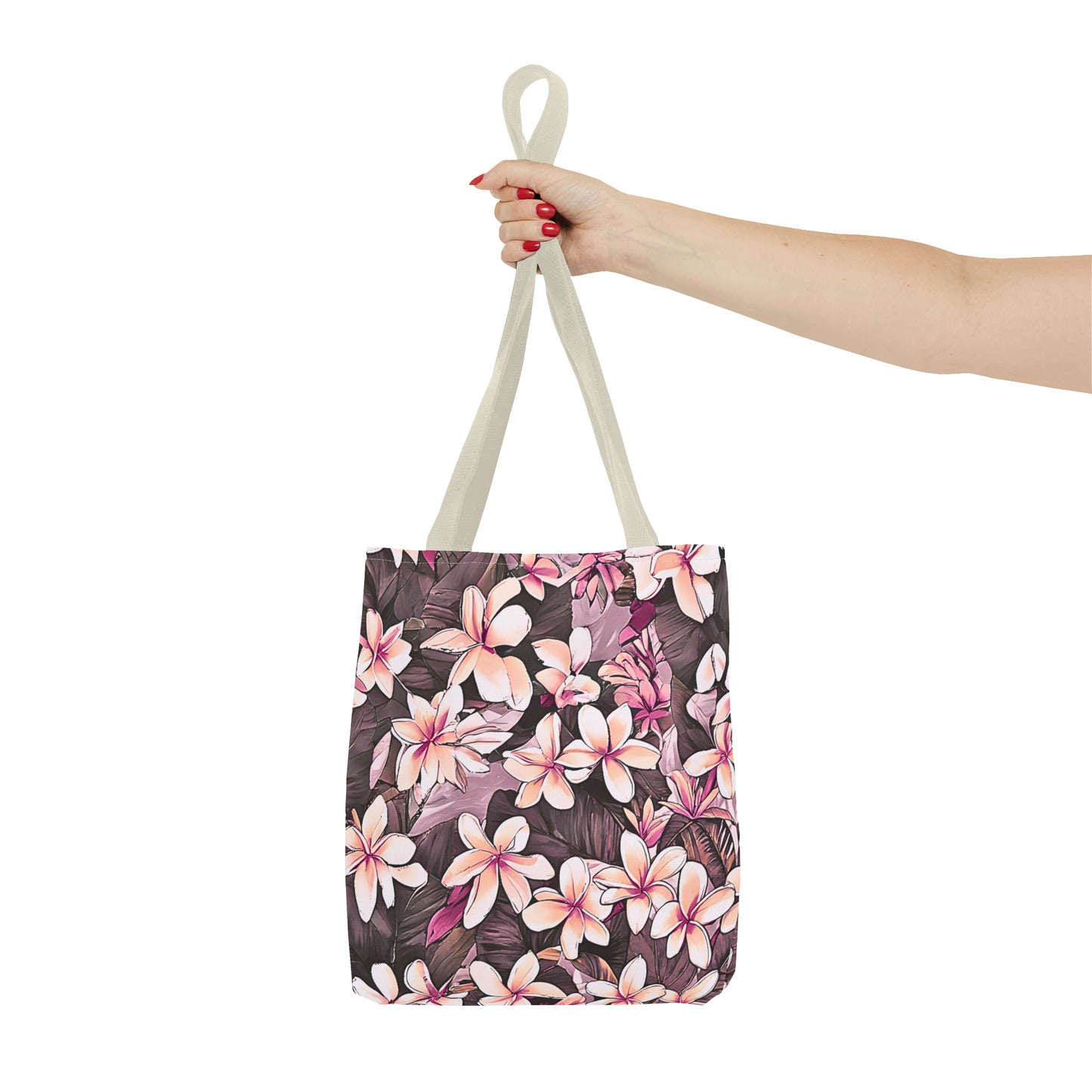 Plumeria Tropical Hawaiian Print Tote Bag in Mauve & Pink Tones