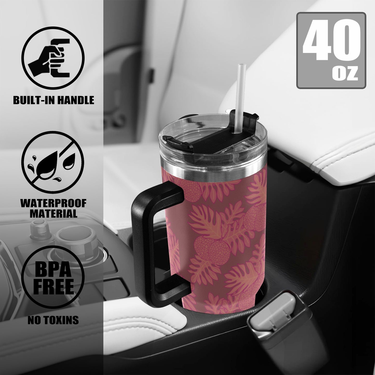 Ulu Breadfruit Hawaiian Print 40oz Tumbler - Pink 40oz Tumbler with Black Handle