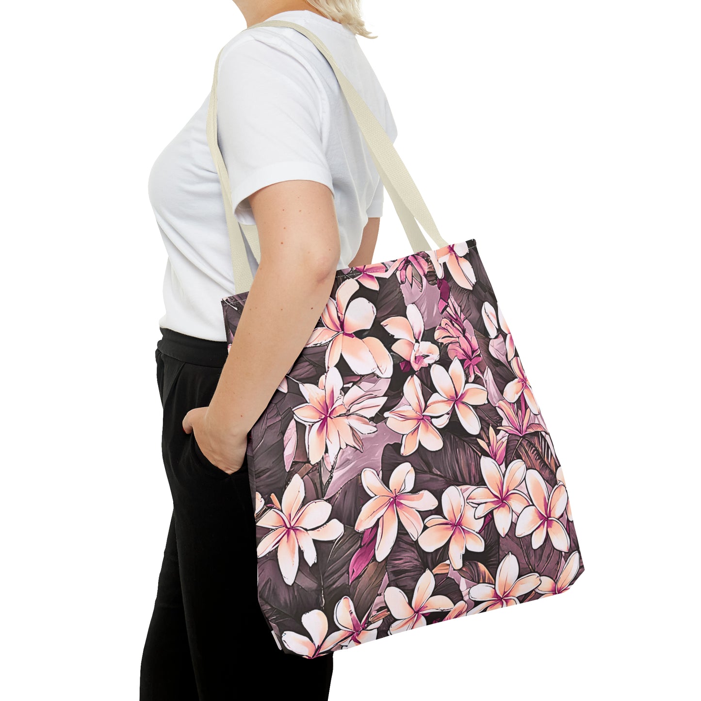 Plumeria Tropical Hawaiian Print Tote Bag in Mauve & Pink Tones