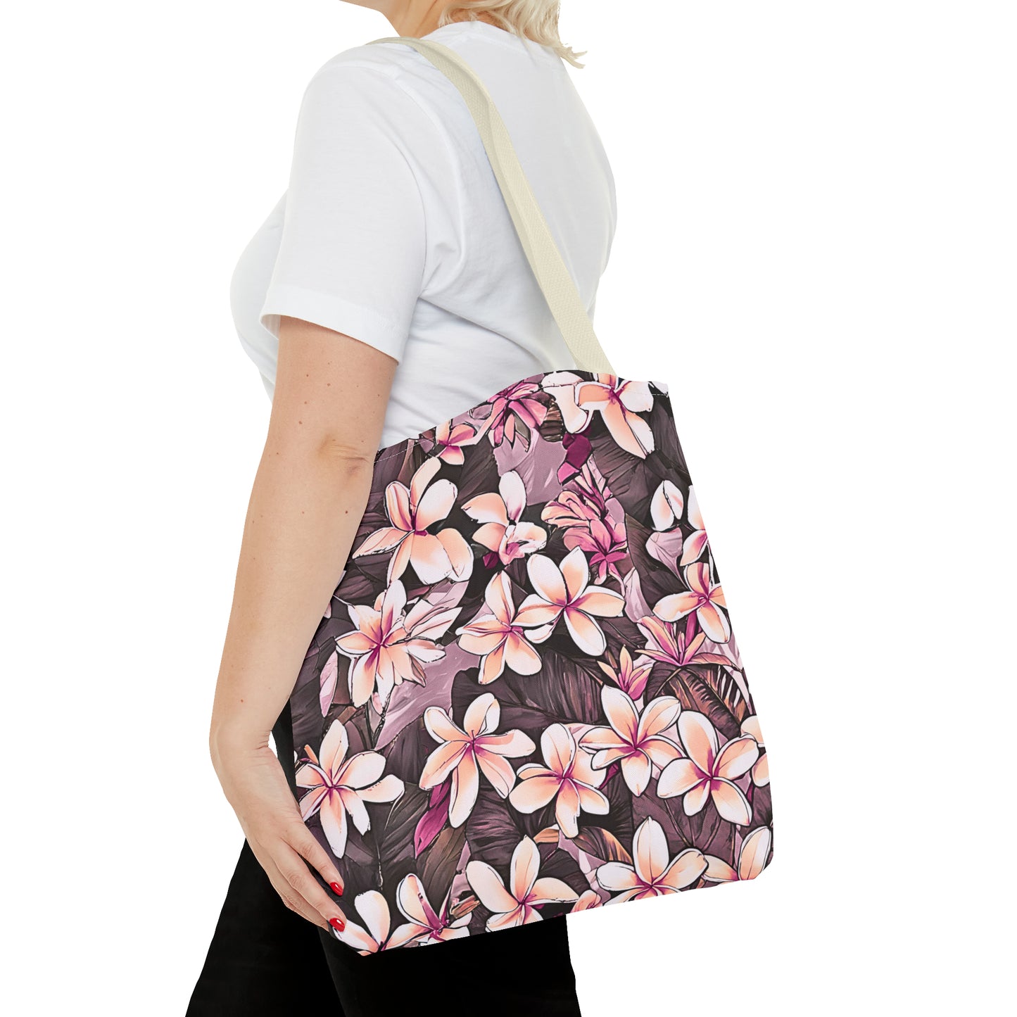 Plumeria Tropical Hawaiian Print Tote Bag in Mauve & Pink Tones