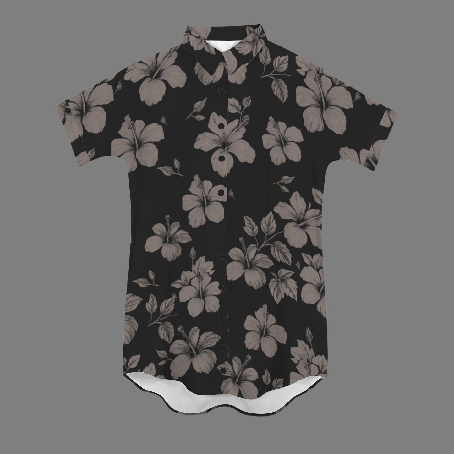 Nani 2.0 Button Down Dress - Koki'o Hibiscus Print in Black and Gray