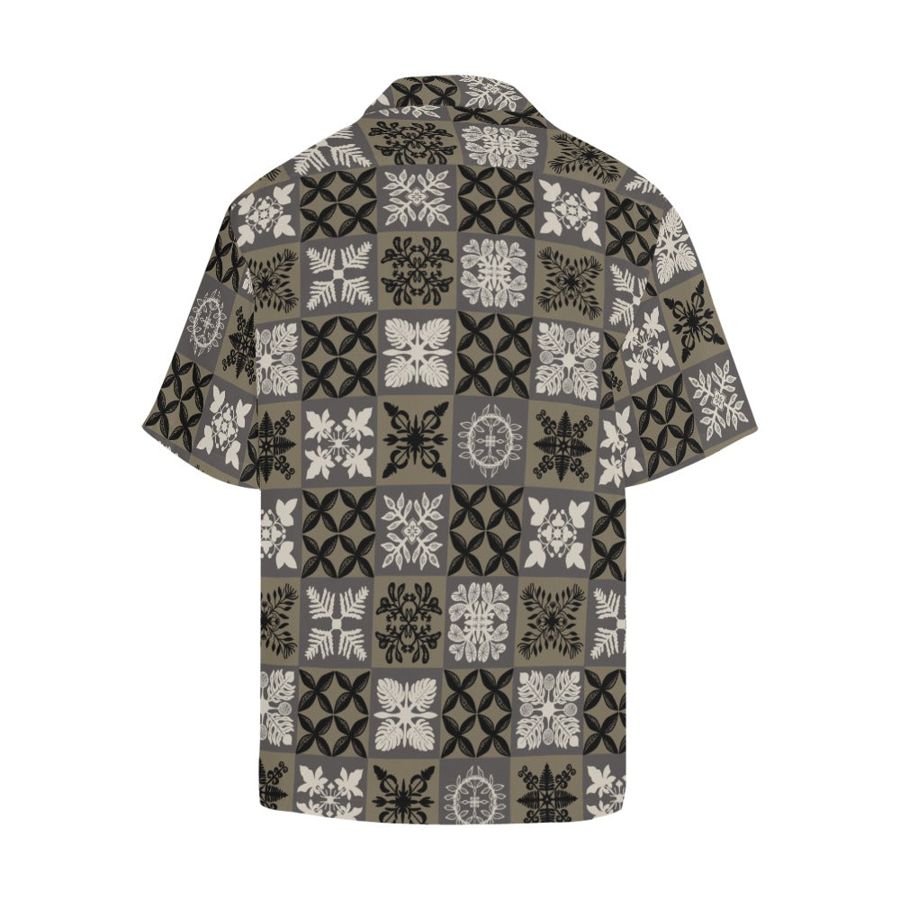 Kapa Kuiki Hawaiian Quilt Print - Menʻs Aloha Shirt, Black and Gray