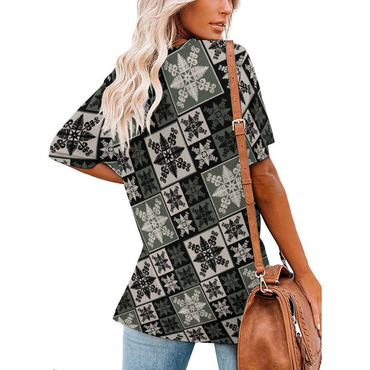 Hawaiian Fern Kapa Kuiki Block Print, Keahi V-Neck Short-Sleeve Shirt - Green