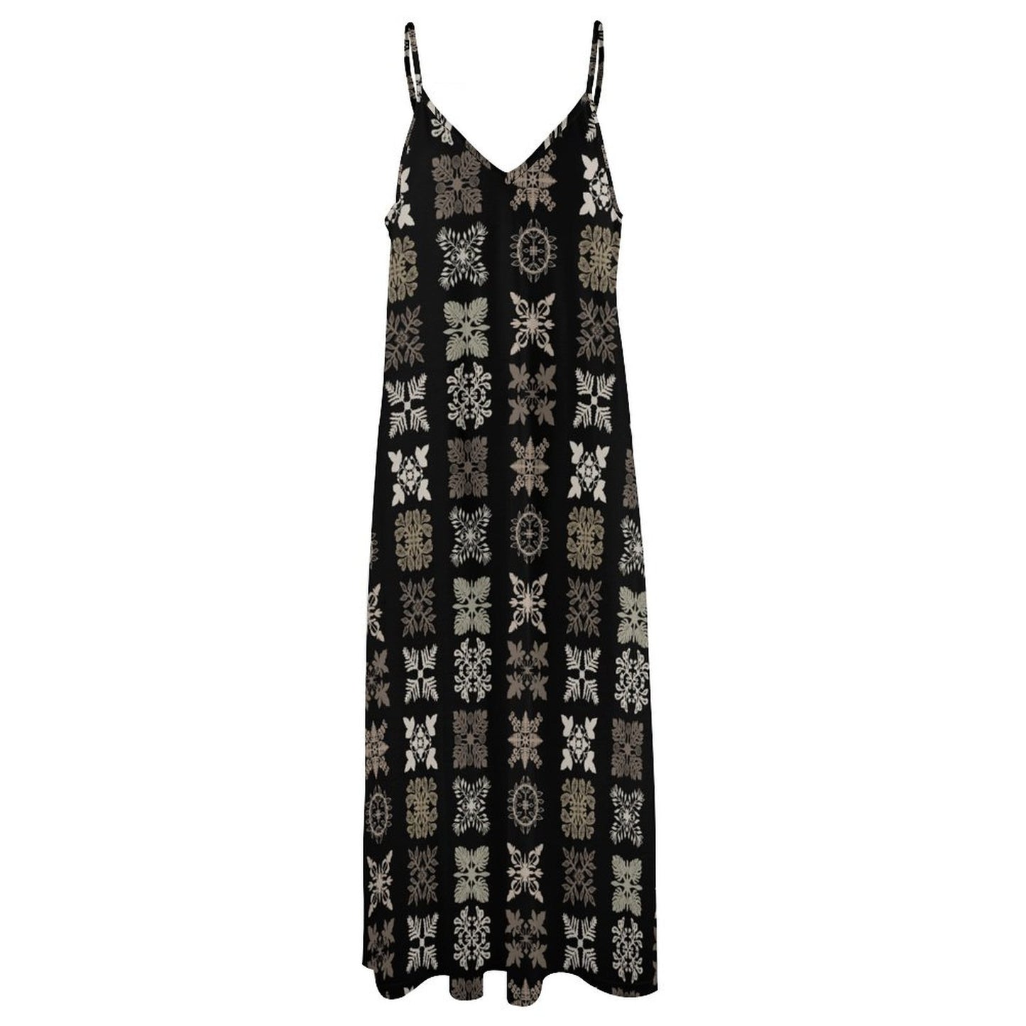 Hōʻolu Maxi Dress in Kapa Kuiki Hawaiian Print - Black and Beige