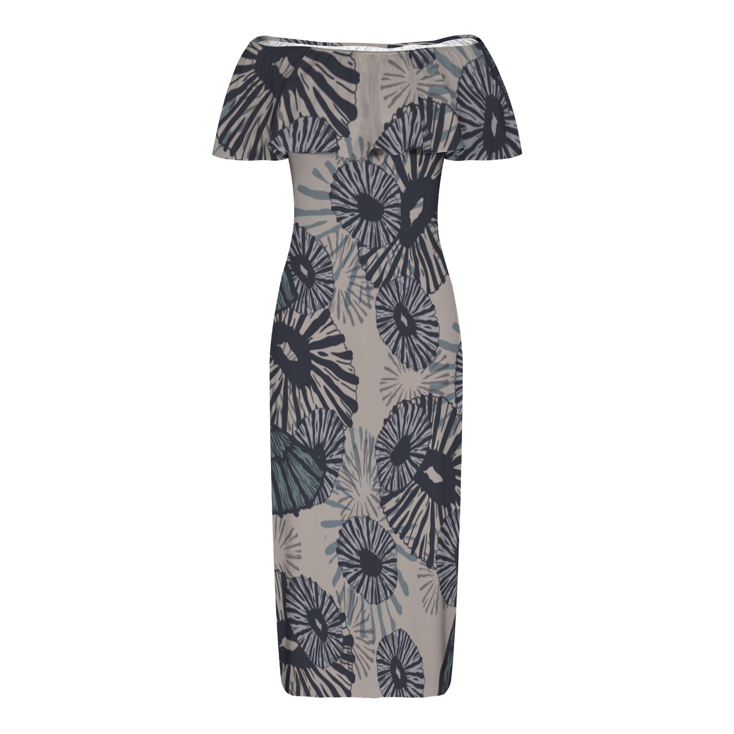 'Opihi Hawaiian Print - Off Shoulder Ruffle Maxi Dress - Slate Blue and Taupe