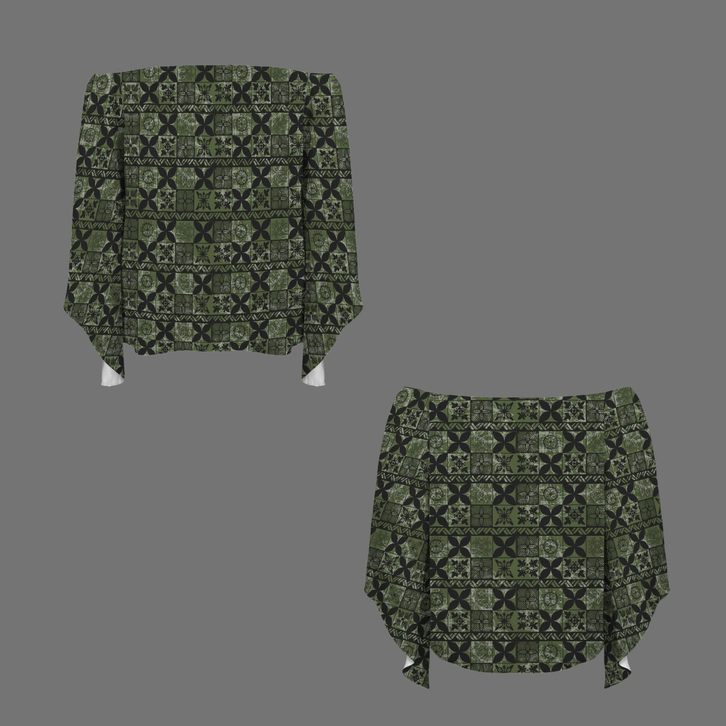 Kolonahe Kapa Print Off Shoulder Trumpet Sleeve Blouse - Green and Black