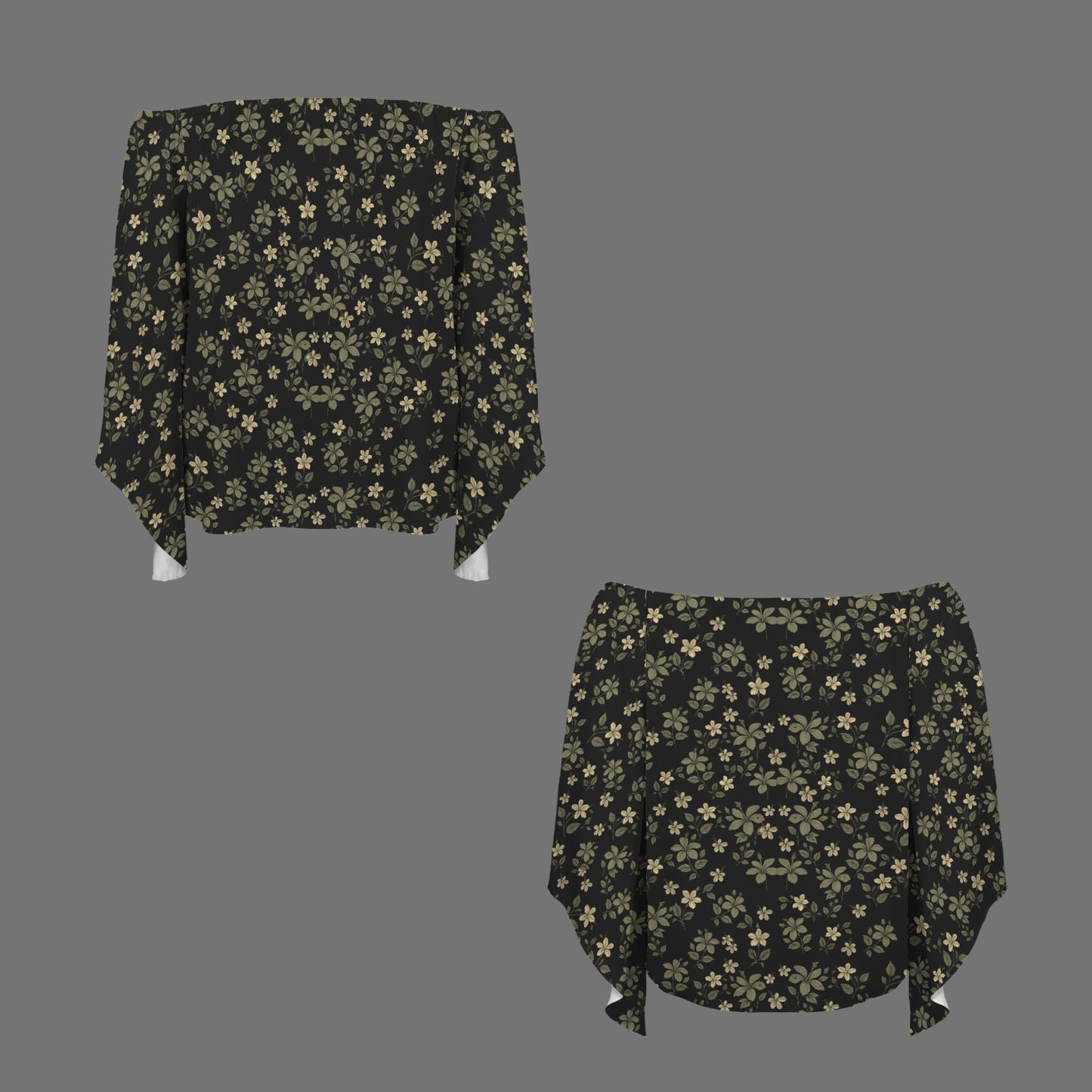 Kolonahe Koki'o Hibiscus Print Off Shoulder Trumpet Sleeve Blouse - Black and Green