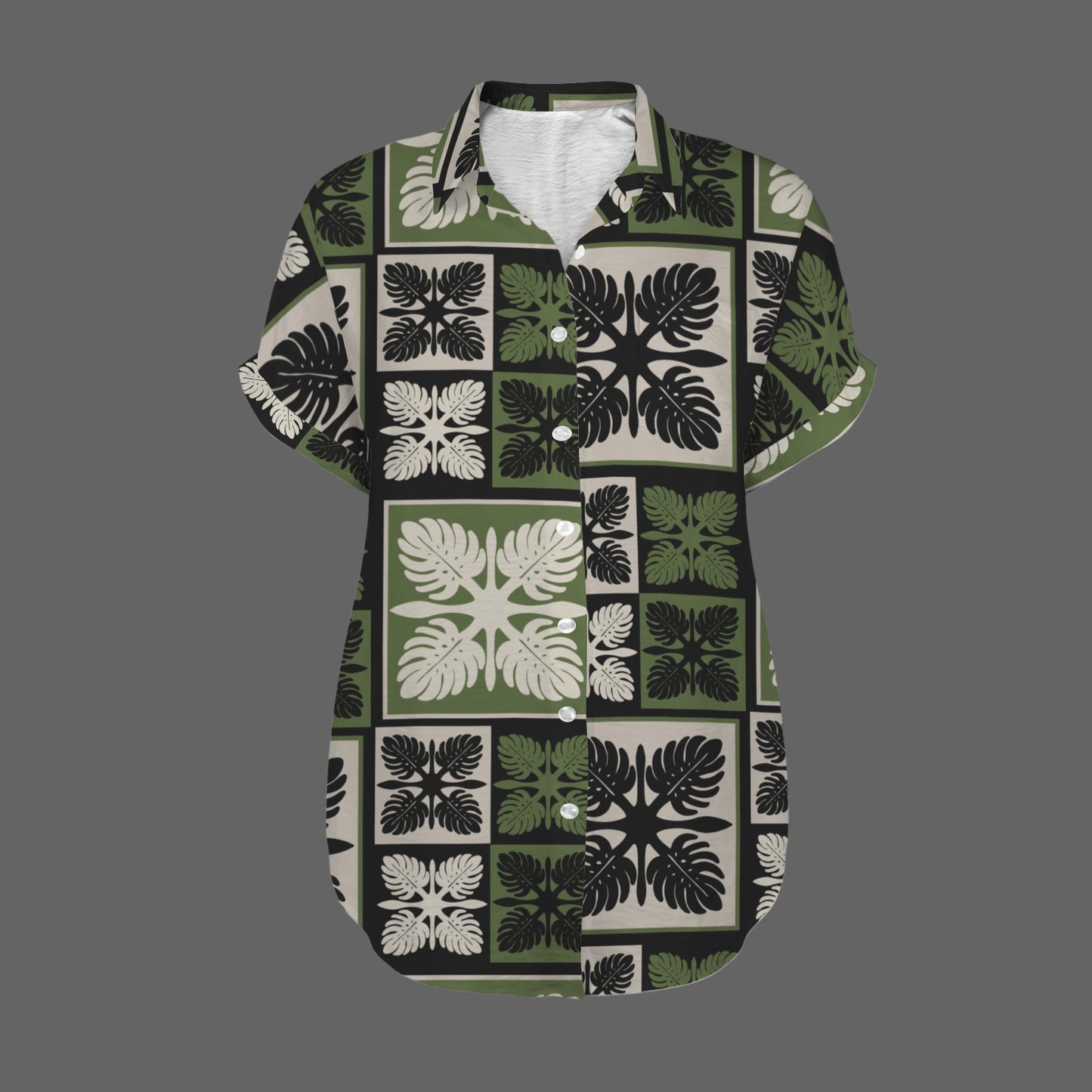 Monstera Hawaiian Print Harmony Blouse, Women's Short Sleeve Button Down Shirt - Green