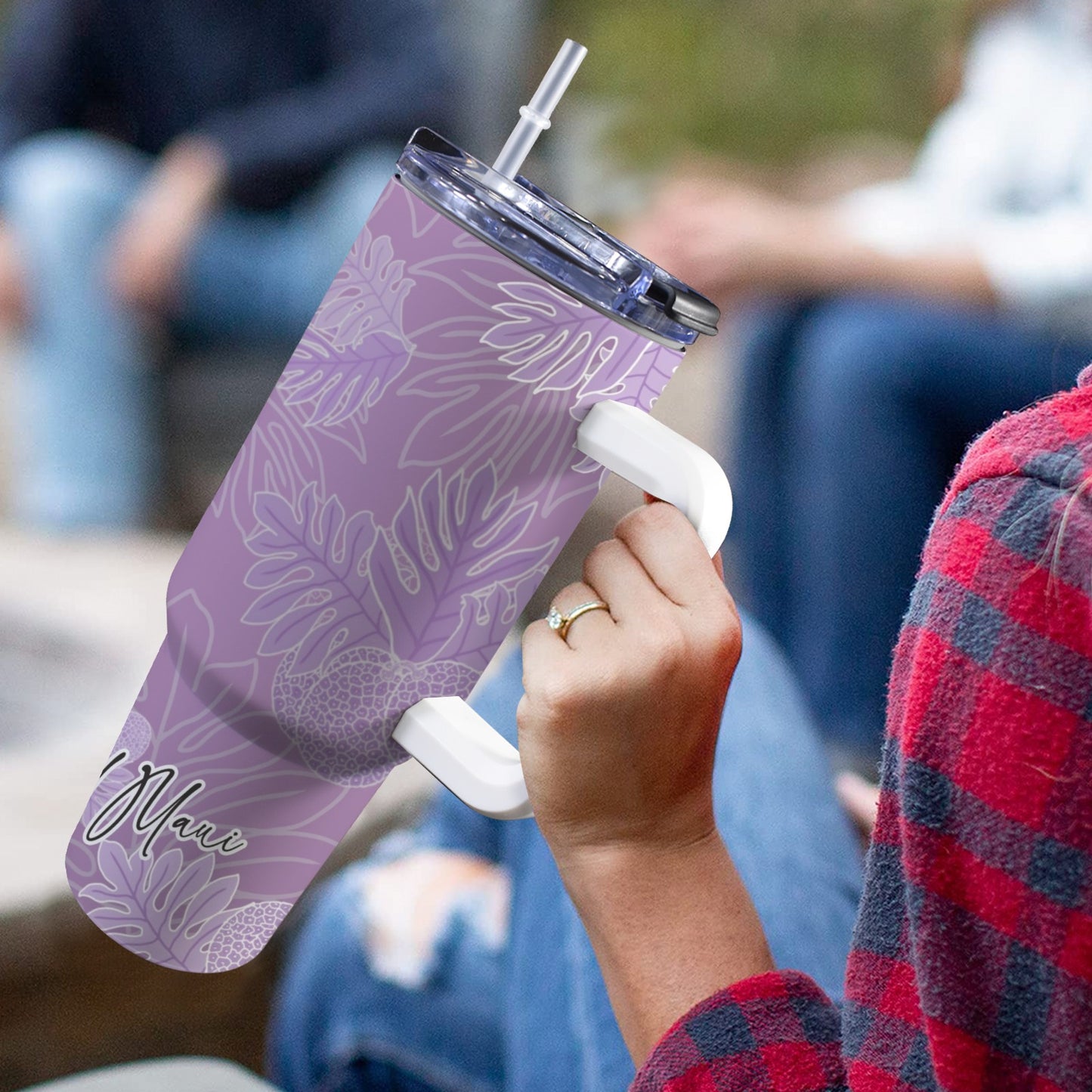 Ulu Breadfruit Hawaiian Print 40 oz Tumbler with Handle - Purple Aloha Dynasty 40oz Tumbler with Handle