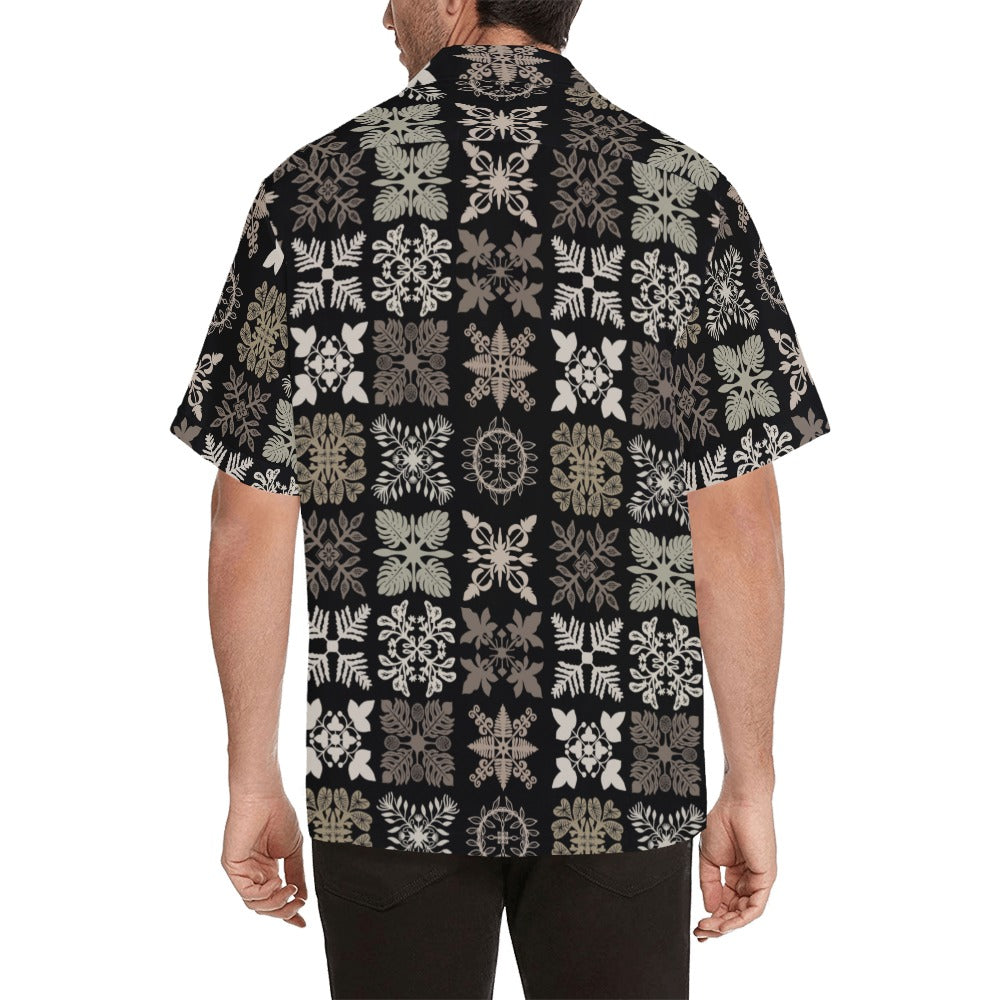 Hawaiian Kapa Kuiki Quilt - Menʻs Aloha Shirt, Black and Browns