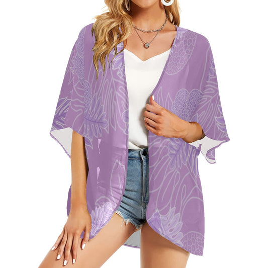 Ulu Breadfruit Hawaiian Print Kimono Chiffon Cover Up - Lavender