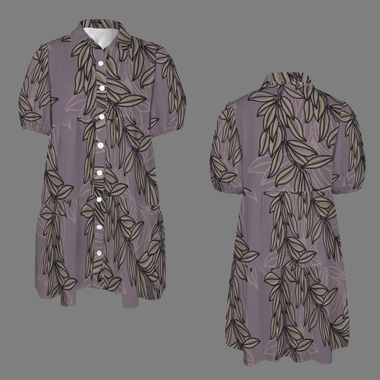 Puʻuwai Maile Button down Puff sleeve dress in Lavender and Black