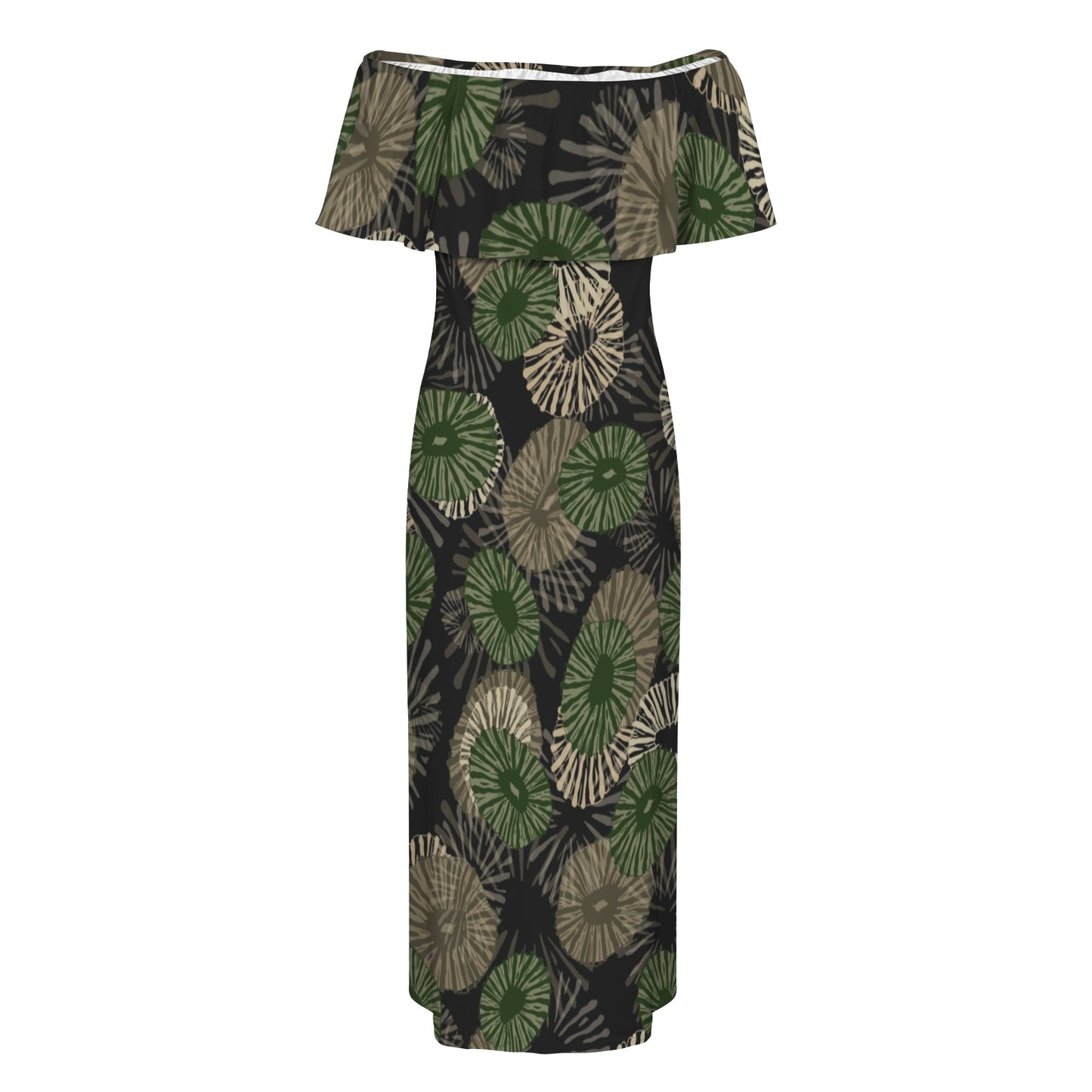 'Opihi Hawaiian Print - Off Shoulder Ruffle Maxi Dress - Camouflage