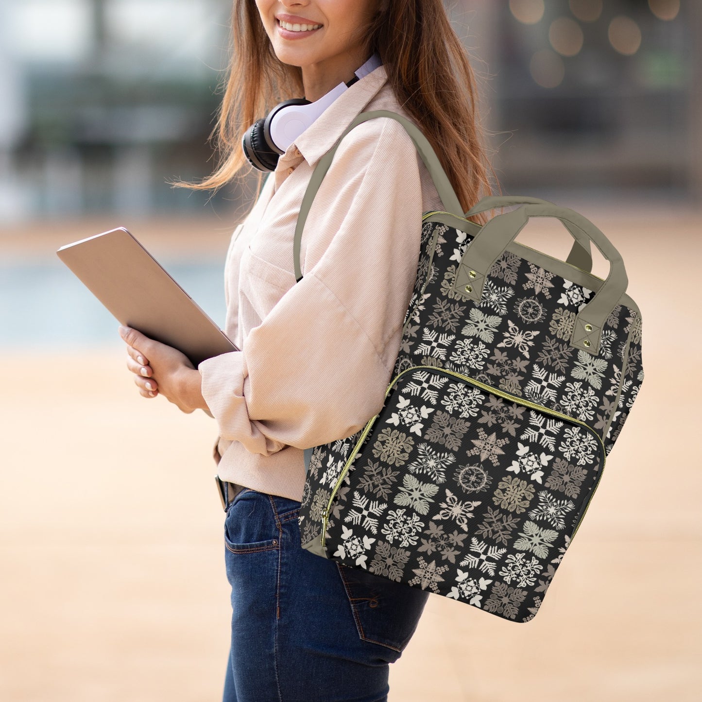 Kapa Kuiki Hawaiian Print Quilt Design Mult-Function Backpack - Black and Sage