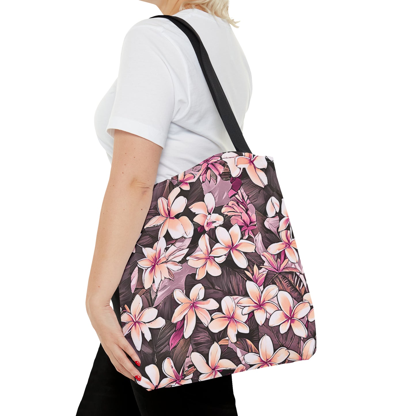 Plumeria Tropical Hawaiian Print Tote Bag in Mauve & Pink Tones