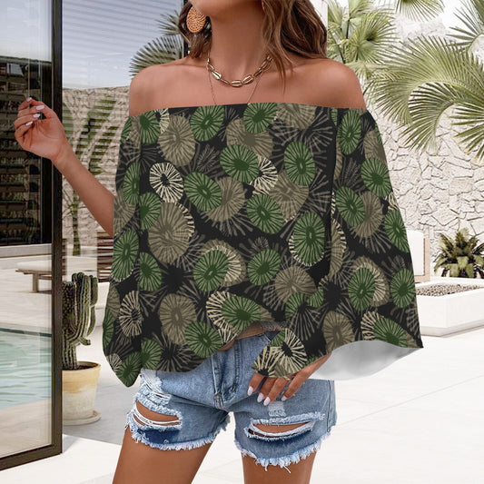 Kolonahe 'Opihi Hawaiian Print Off Shoulder Trumpet Sleeve Blouse - Camouflage