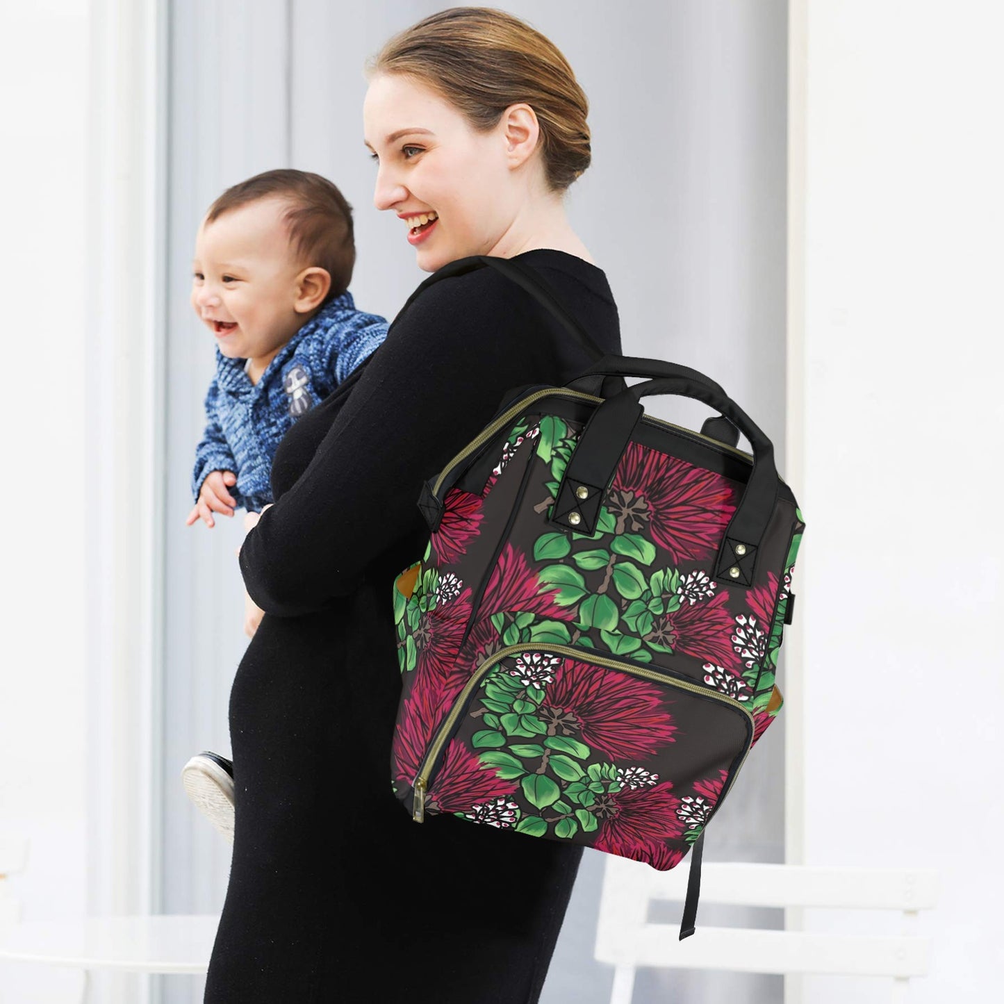 Ohi'a Lehua Hawaiian Print Multi-Purpose Backpack - Red and Black