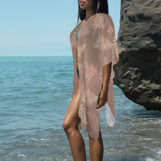 Hawaiian Fern Mocha and Mauve Long Kimono Chiffon Cover Up