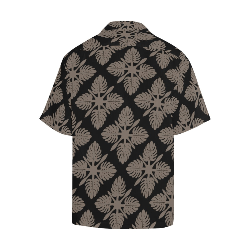 Kapa Kuiki Monstera Hawaiian Print - Menʻs Aloha Shirt, Black and Taupe