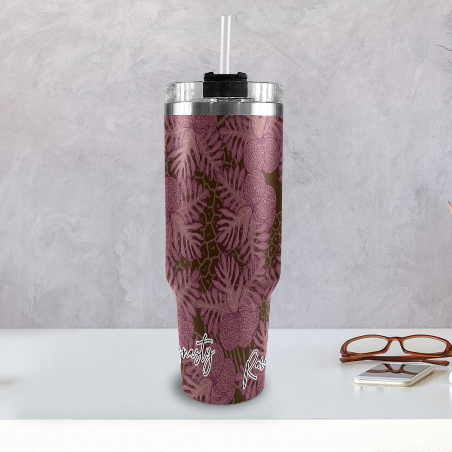 Ulu Breadfruit Hawaiian Print 40 oz Tumbler - Black Handle (Pink, Brown)