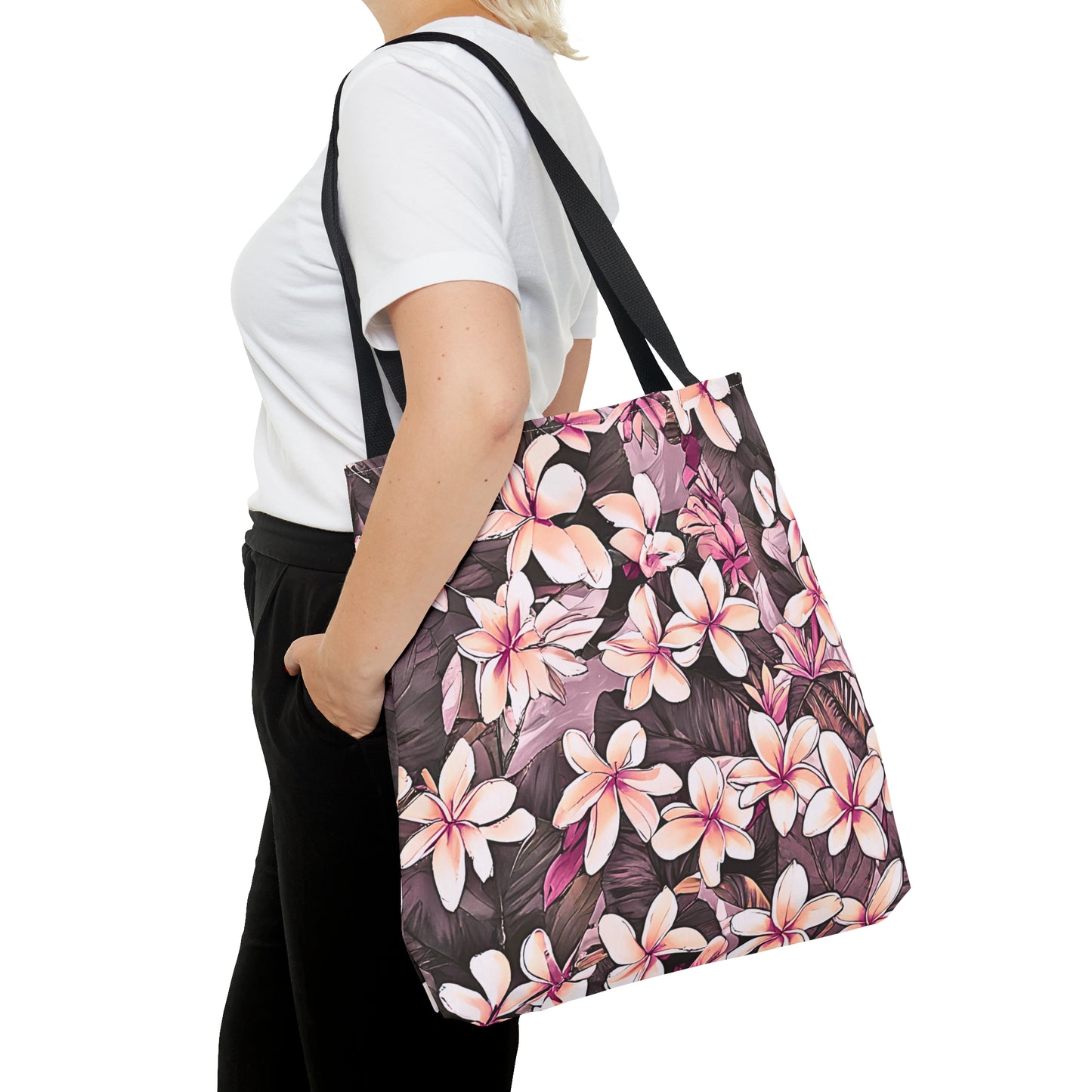Plumeria Tropical Hawaiian Print Tote Bag in Mauve & Pink Tones