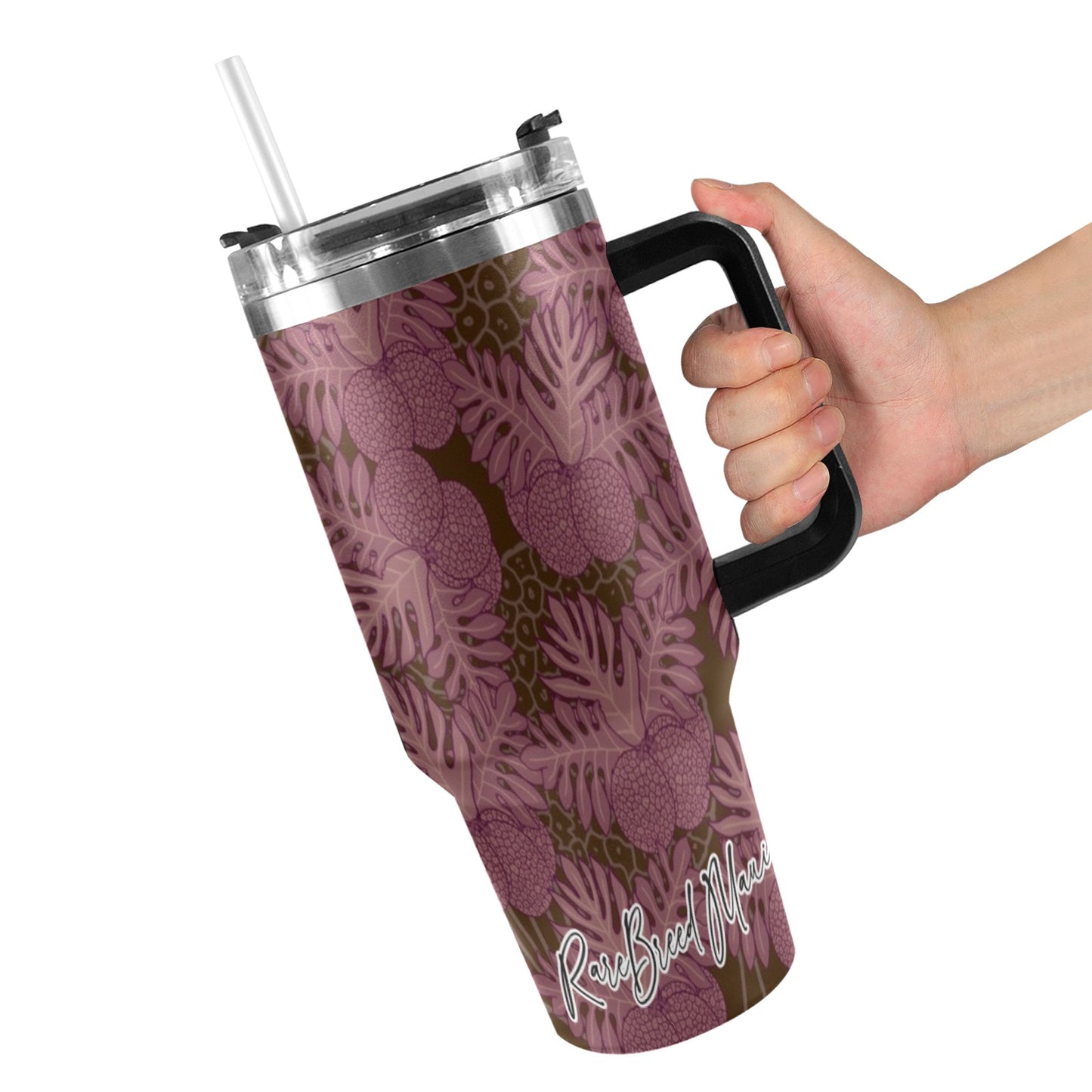 Ulu Breadfruit Hawaiian Print 40 oz Tumbler - Black Handle (Pink, Brown)