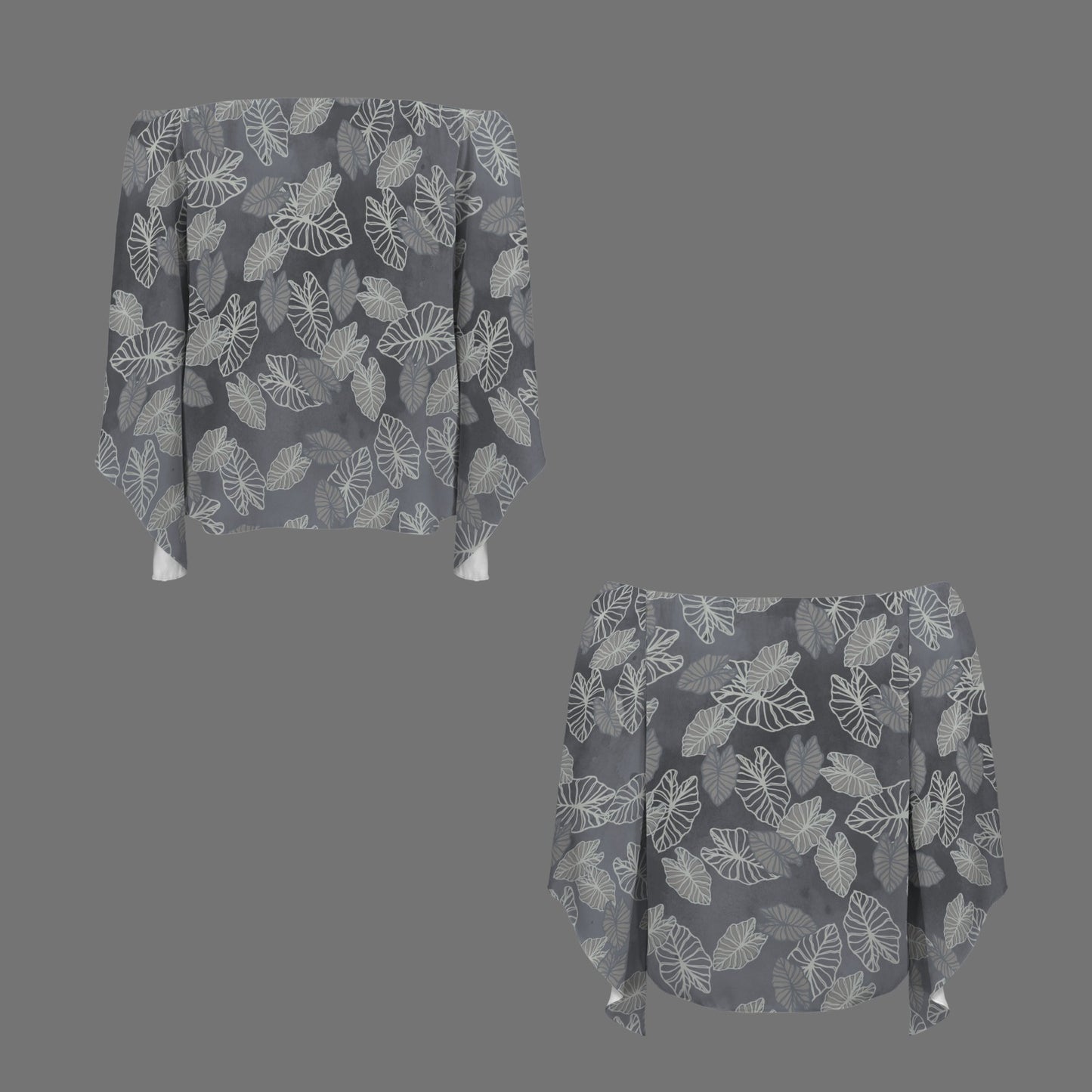 Kolonahe Kalo Watercolor Hawaiian Print Off Shoulder Trumpet Sleeve Blouse - Gray
