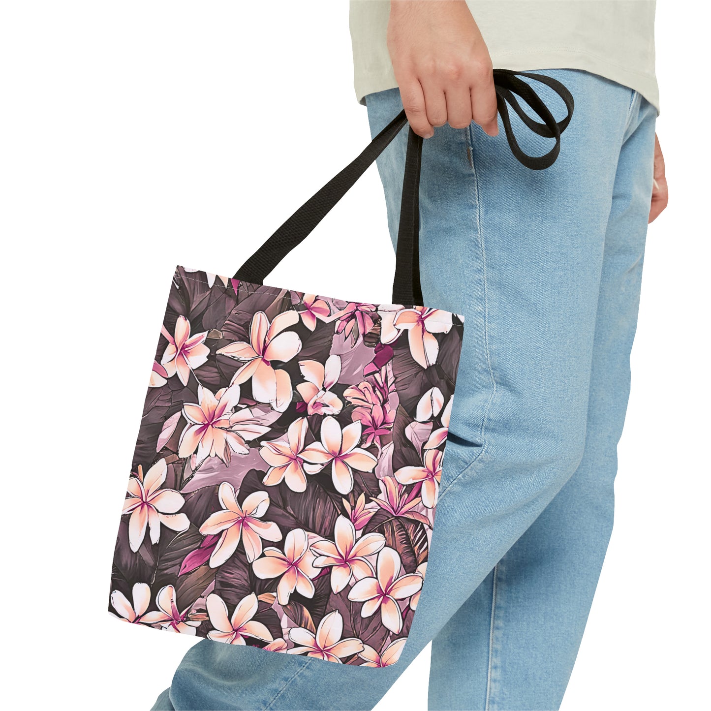 Plumeria Tropical Hawaiian Print Tote Bag in Mauve & Pink Tones