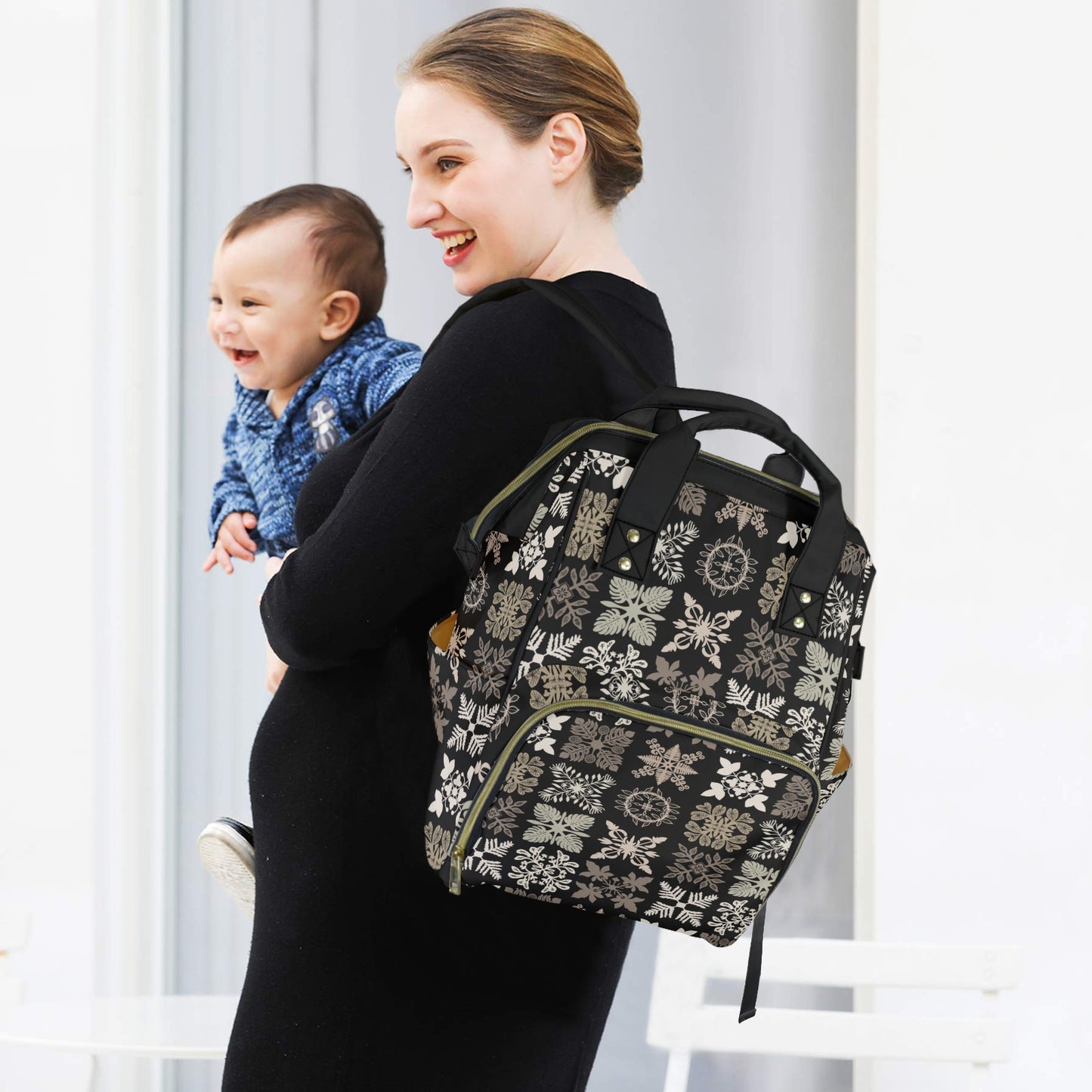 Kapa Kuiki Hawaiian Print Quilt Design Mult-Function Backpack - Black and Khaki