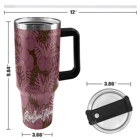 Ulu Breadfruit Hawaiian Print 40 oz Tumbler - Black Handle (Pink, Brown)