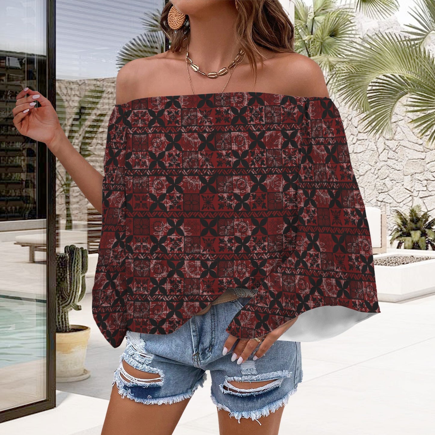 Kolonahe Kapa Print Off Shoulder Trumpet Sleeve Blouse - Red and Black