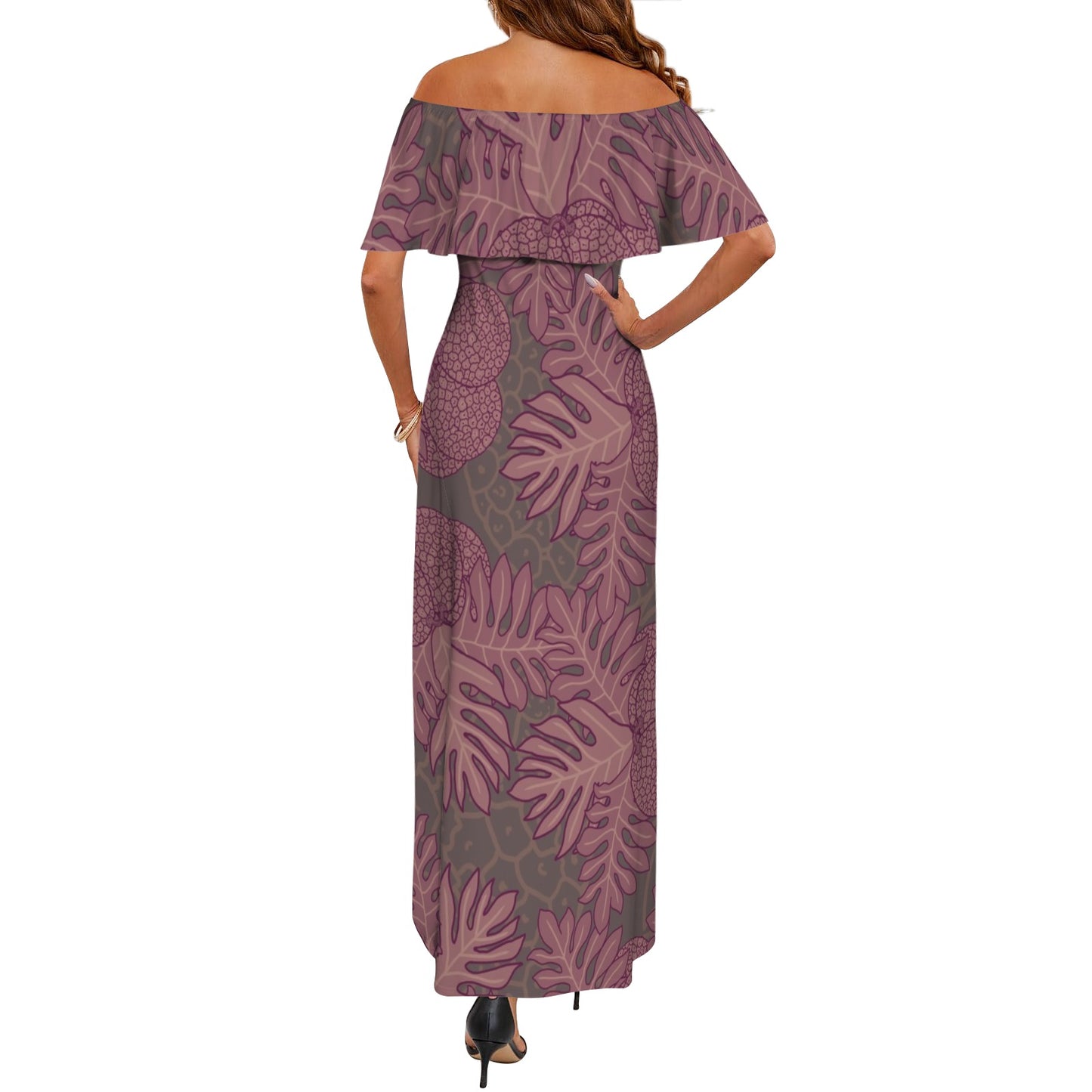 Ulu Breadfruit Hawaiian Print Off Shoulder Maxi Style Dress - Pink and Brown