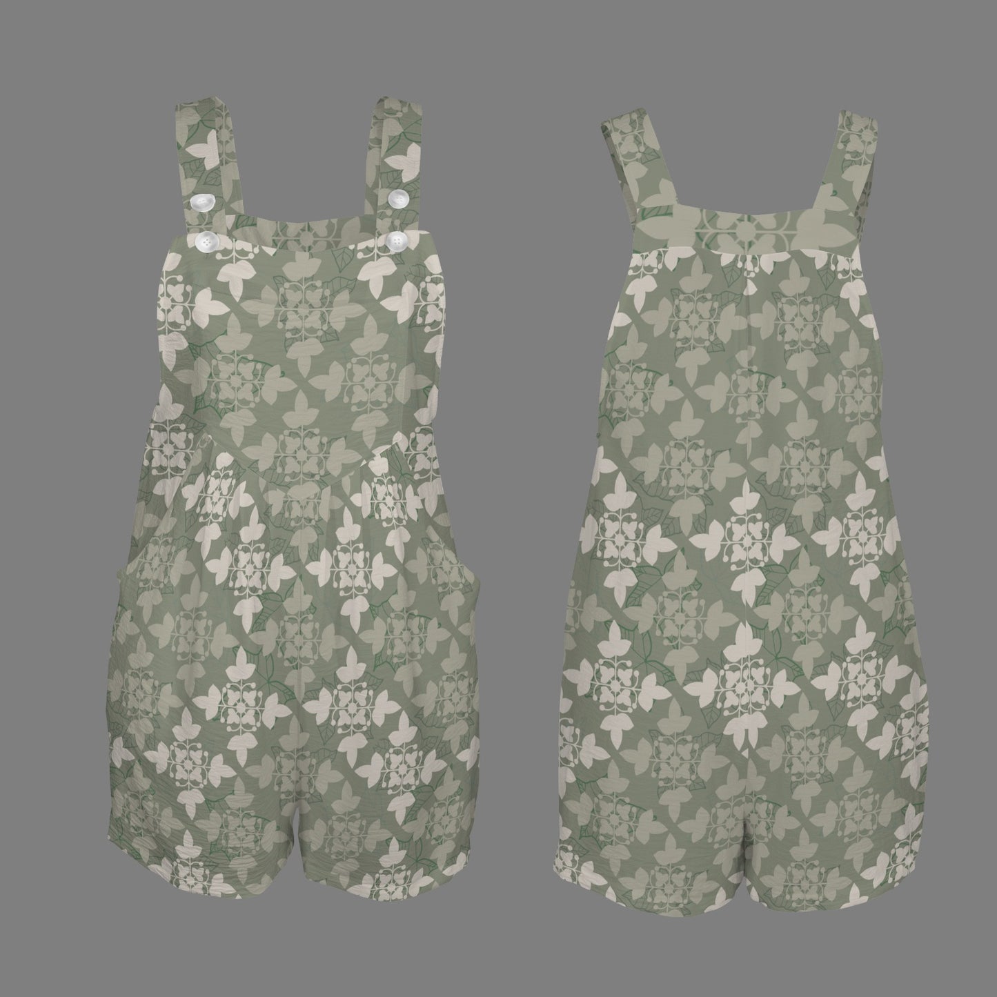 Ku'ulei Romper - Kapa Kuiki Print - Sage, Khaki and Gray