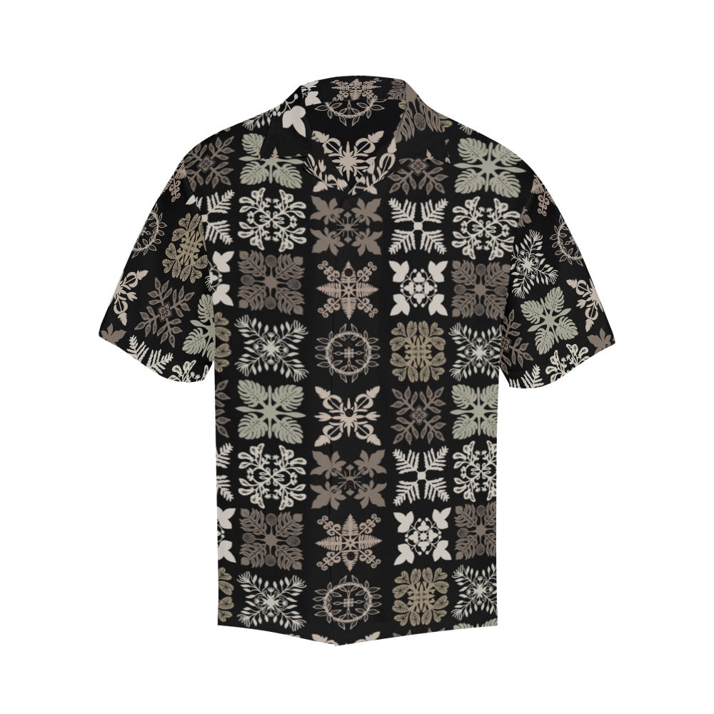 Hawaiian Kapa Kuiki Quilt - Menʻs Aloha Shirt, Black and Browns